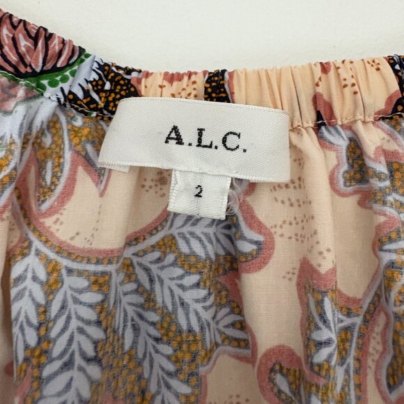 A.L.C. Elly Tie-Front Printed Top Size 2 Cotton Short Puff Sleeve Tassels Boho - Picture 9 of 11